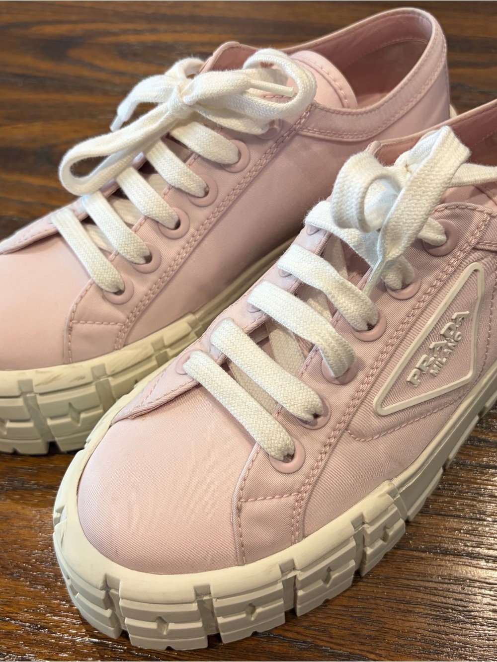 Prada Double Wheel Light Pink Nylon Chunky Platform Sneakers, Size 38.5 - Picture 9 of 10